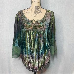 { ONE WORLD } Boho Bohemian Velvet Babydoll Bell Sleeve Tunic Top Green + Purple